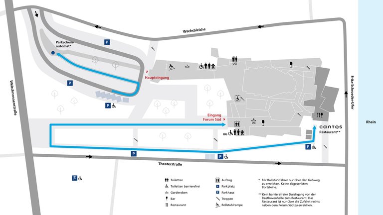 Diagram of an event area showing buildings, pathways, and signage. A highlighted route traverses different sections along the river.