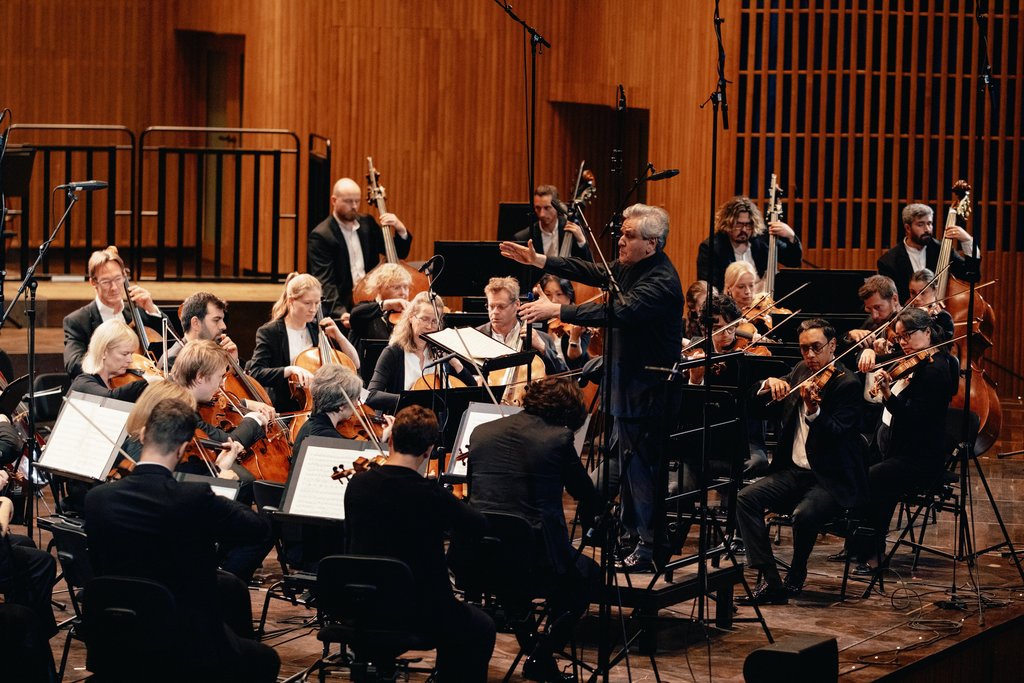Ein Orchester spielt in einem Konzertsaal unter der Leitung eines Dirigenten.