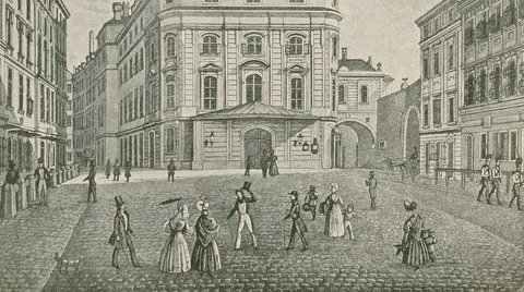 Außenansicht des Kärntnertor-Theaters in Wien, um 1840 – 
Reproduktion eines anonymen Stichs aus dem 19. Jahrhundert