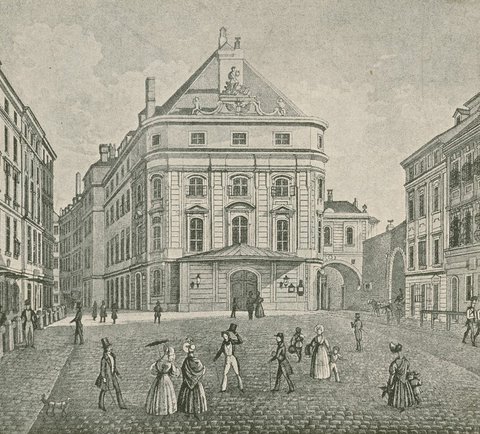 View of the Kärntnertor-Theater in Vienna, about 1840 – 
reproduction of an anonymous etching from the 19th century