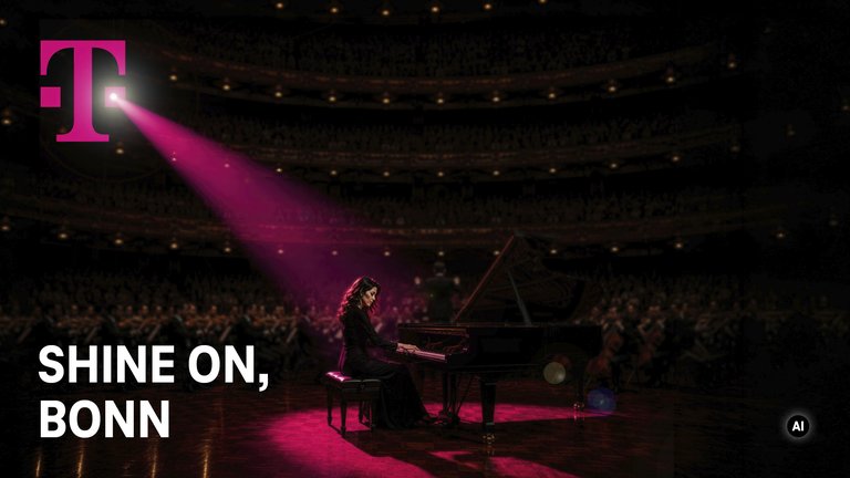 Ein Pianist spielt auf einer Bühne, angestrahlt von einem pinken Licht. Das Publikum sitzt in einem großen Konzertsaal. Aufschrift: Telekom-Logo, "Shine On, Bonn"