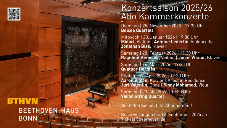 Poster für Kammerkonzerte 2026/27 im Beethoven-Haus Bonn. Enthält Termine und Namen der Künstler, mit Sicht auf Konzertsaal.