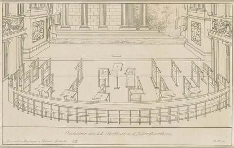 Bühne und Sitzplan des Orchesters im Kärntnertortheater Wien, 1821 – 
Stich von Franz Xaver Stöber - © Beethoven-Haus Bonn, B 2144 * P / 1816 Wien