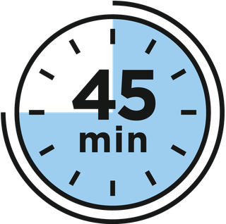 Eine Grafik einer Uhr mit der Aufschrift 45 Minuten, die verstrichene Zeit ist blau unterlegt.