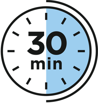Eine Grafik einer Uhr mit der Aufschrift 30 Minuten, die verstrichene Zeit ist blau unterlegt.