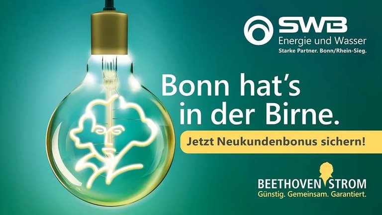 Illustration: Eine Glühbirne leuchtet mit Beethovens Kopf. Schriftzug: "Bonn hat's in der Birne." und "Jetzt Neukundenbonus sichern!"