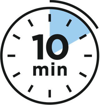 Eine Grafik einer Uhr mit der Aufschrift 10 Minuten, die verstrichene Zeit ist blau unterlegt.