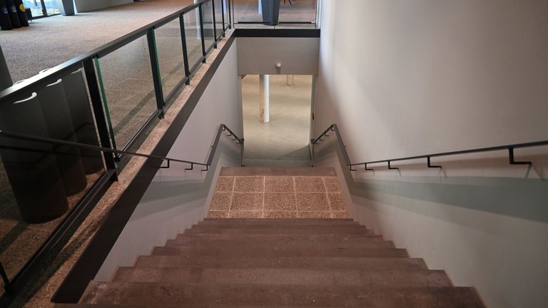 A wide staircase with smooth wooden steps leads down into a modern building with glass railings and cream-colored walls.