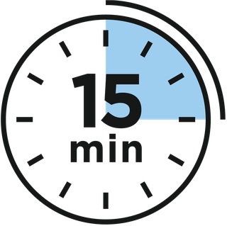 Eine Grafik einer Uhr mit der Aufschrift 15 Minuten, die verstrichene Zeit ist blau unterlegt.