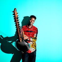 Ein Musiker in einem bunten Hemd spielt eine Kora vor einem hellblauen Hintergrund. Sein Gesichtsausdruck ist konzentriert.