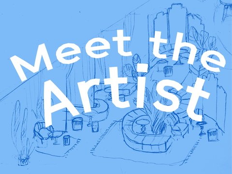 Blue illustration with the text "Meet the Artist" over a sketch of furniture in an event space.