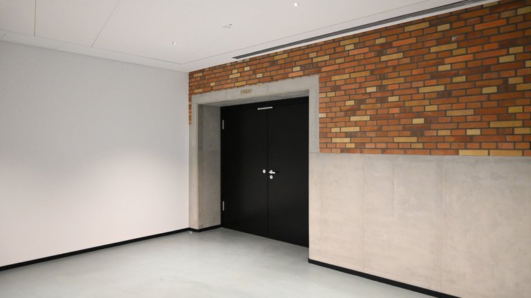 An empty space featuring a black, closed door surrounded by brick and smooth white walls.