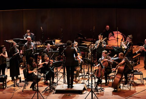An orchestra performing on stage with several musicians playing various instruments, including strings and wind instruments.