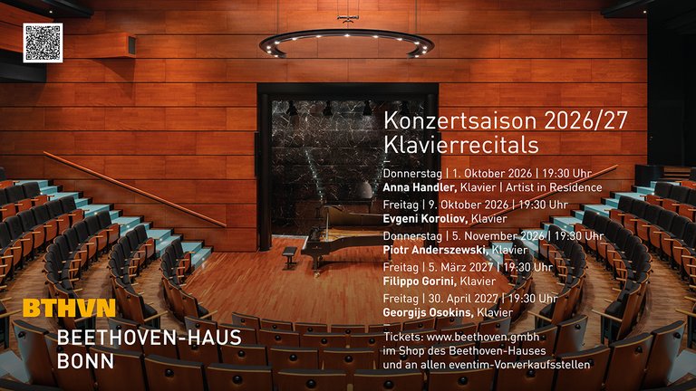 Poster für Klavierrezitals 2026/27 im Beethoven-Haus Bonn. Enthält Termine und Namen der Künstler, mit Sicht auf Konzertsaal.