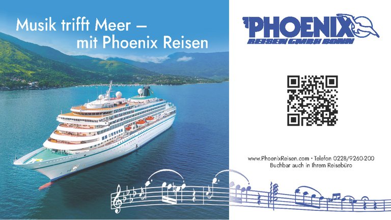 Bild: Ein Kreuzfahrtschiff in Fahrt. Schriftzug: "Musik trifft Meer - mit Phoenix Reisen"