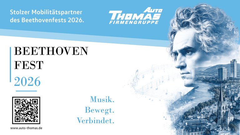 Werbung für das Beethoven Fest 2026 mit einer Illustration von Beethoven und dem Slogan "Musik. Bewegt. Verbindet." QR-Code enthalten.