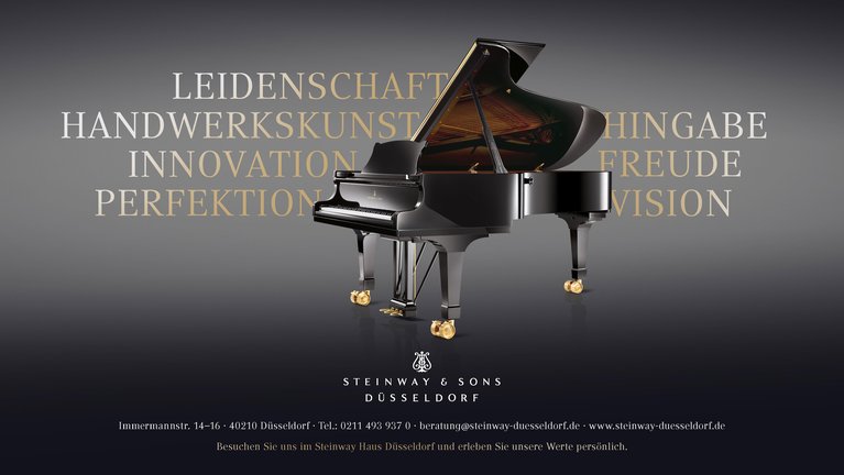 Image: a grand piano. Script: "Passion. Craftsmanship. Dedication. Innovation. Joy. Perfection. Vision."