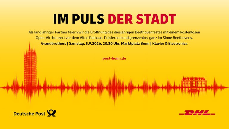 Gelbes Poster mit rotem Schallwellen-Motiv. Text: "Im Puls der Stadt" und Eventdetails für Veranstaltung von Deutsche Post und DHL.