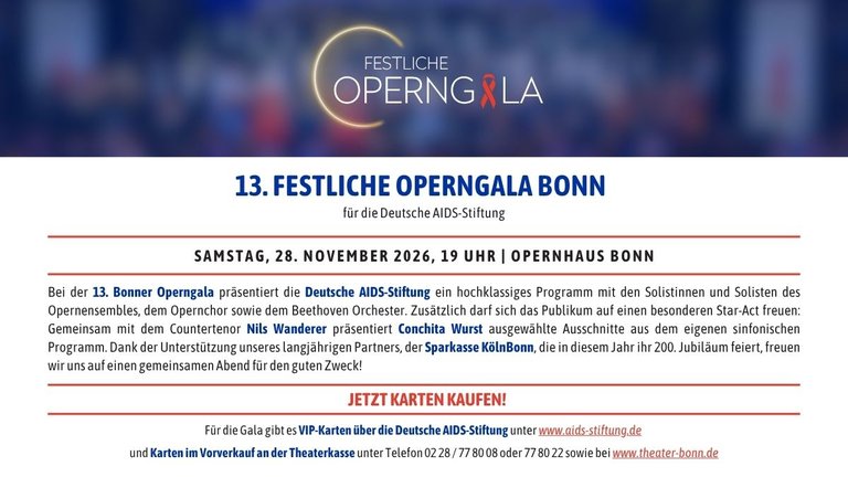 Einladung zur 13. Festlichen Operngala Bonn am 25. November 2023 um 19 Uhr. Ein Benefizevent zugunsten der Deutschen AIDS-Stiftung.
