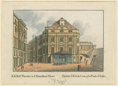 Außenansicht des Kärntnertor-Theaters in Wien, um 1830 – Stich von Johann Wenzel Zinke nach einer Zeichnung von Eduard Gurk - © Beethoven-Haus Bonn, B 2122