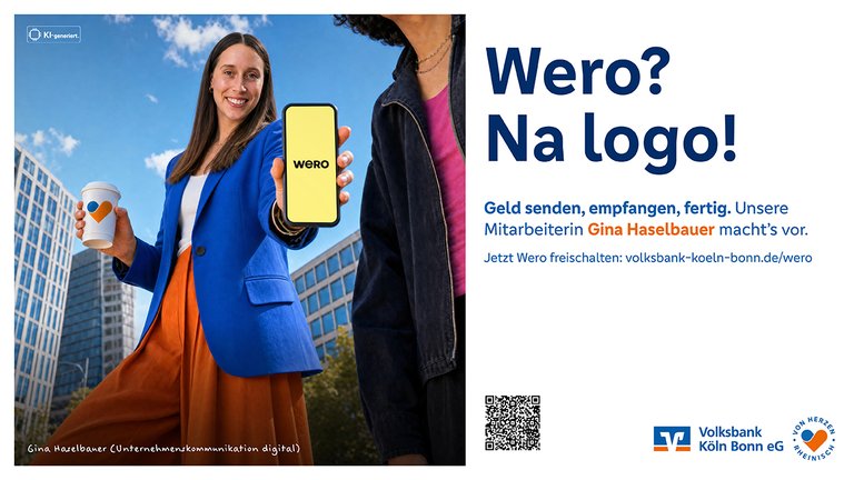 Ein KI-generiertes Bild. Eine Frau in einem Anzug hält einen Kaffeebecher mit dem Logo in ihrer Rechten und ein Handy mit dem Produktnamen in ihrer linken, sodass man ihn lesen kann. Schriftzug: "Wero? Na logo!" und "Geld senden, empfangen, fertig. Unsere Mitarbeiterin Gina Haselbauer macht's vor."
