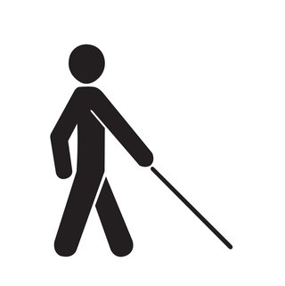 Ein Piktogramm einer Person mit einem Gehstock, das Menschen mit Sehbehinderung oder Blindheit symbolisiert.