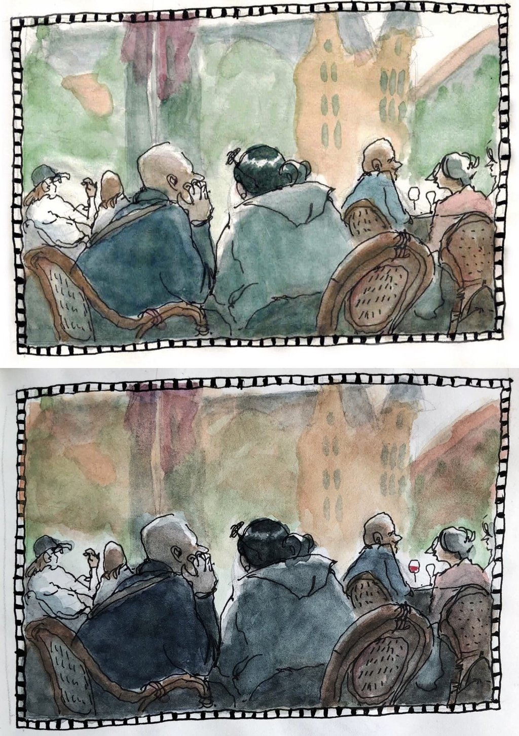 Zwei Aquarellbilder von Personen, die in einem Café im Freien sitzen. Im Hintergrund sind Bäume und Gebäude zu sehen.