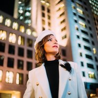 A woman in a white coat and beret stands in front of illuminated skyscrapers at night, with a thoughtful gaze.
